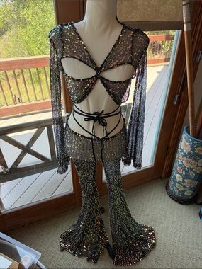 Club Exx Dolls Kill Black Sunlit Oracles Iridescent Sequins Rave Top & Pants SET